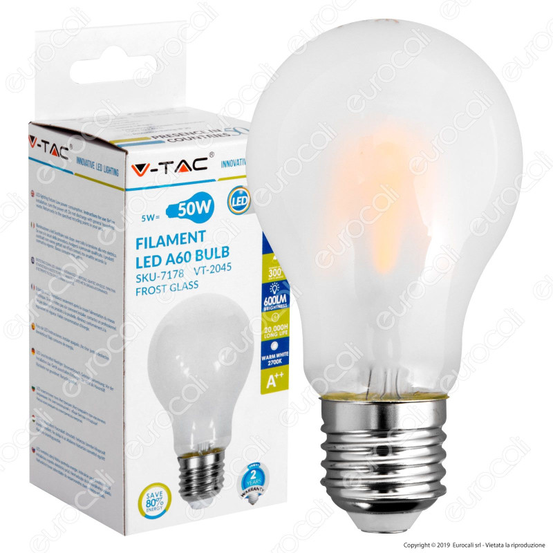 V-Tac VT-2045 Lampadina LED E27 5W Bulb A60 Frost Filamento - SKU