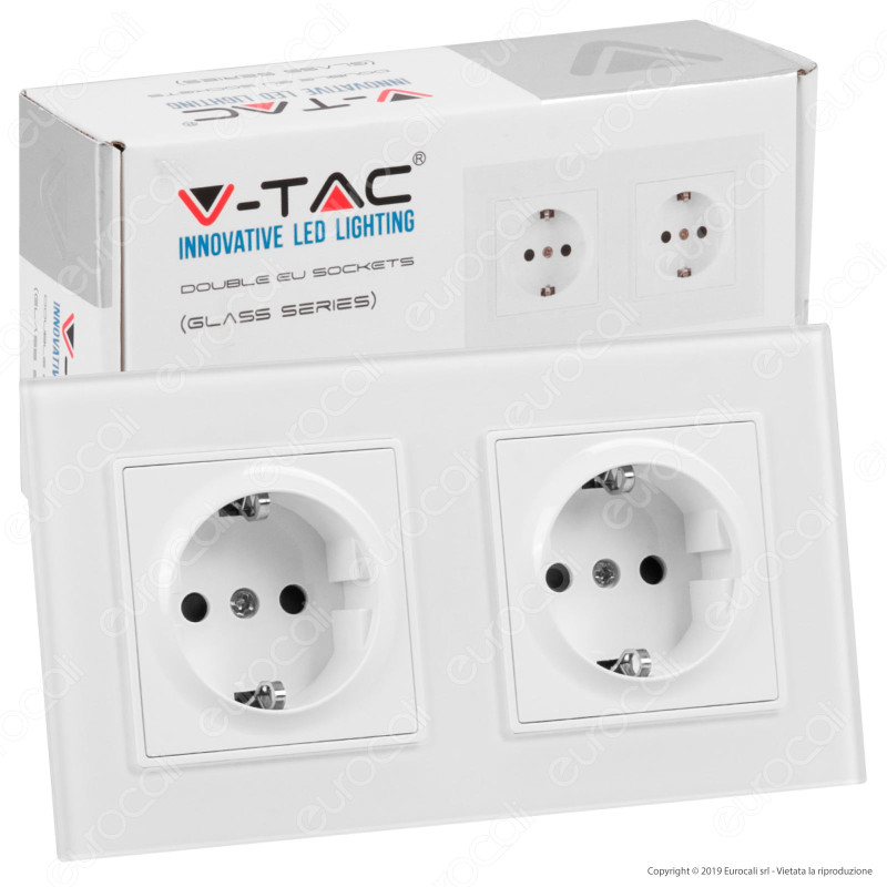 V-Tac VT-5811 Presa a Incasso Doppia Schuko Colore Bianco Rivestimento in Vetro - SKU 8402