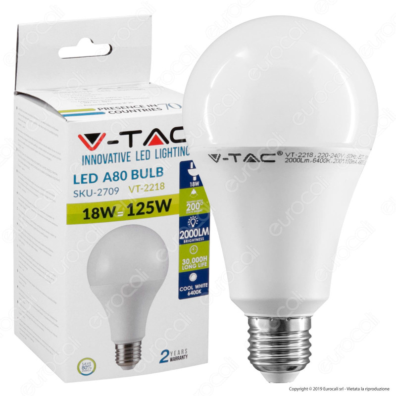 V-Tac VT-2218 Lampadina LED E27 18W Bulb A80 - SKU 2707 / 2708 / 2709