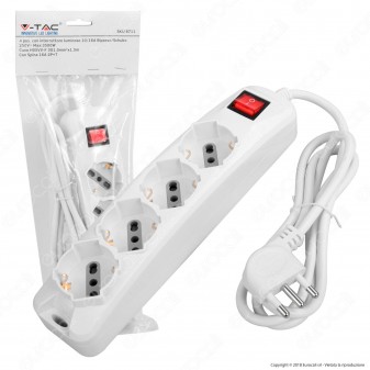 V-Tac Multipresa 4 Posti Colore Bianco con Interruttore Luminoso - SKU 8711