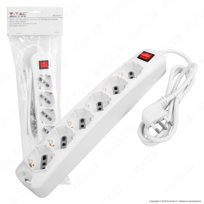 V-Tac Multipresa 6 Posti Colore Bianco con Interruttore Luminoso - SKU 8713