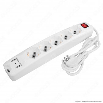 V-Tac Multipresa 5 Posti e 2 Prese USB Colore Bianco con Interruttore Luminoso - SKU 8715