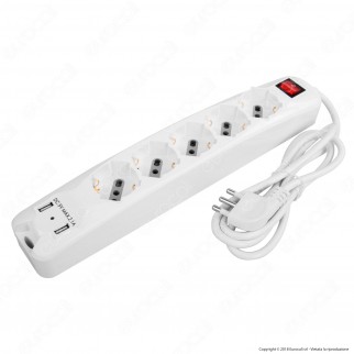 V-Tac Multipresa 5 Posti e 2 Prese USB Colore Bianco con Interruttore Luminoso - SKU 8715