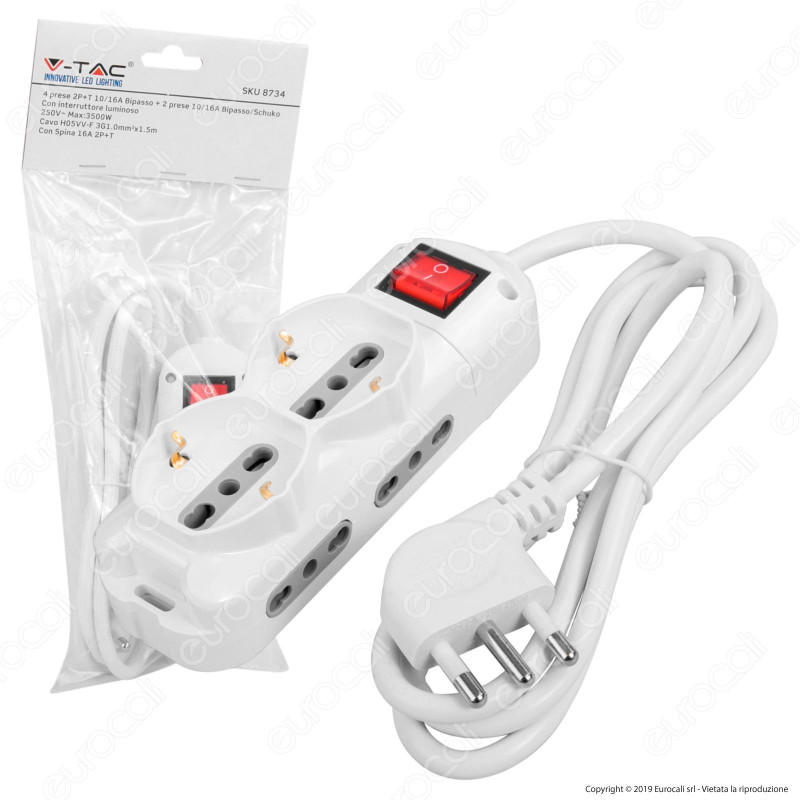 V-Tac Multipresa 6 Posti Salvaspazio Colore Bianco con Interruttore Luminoso - SKU 8734