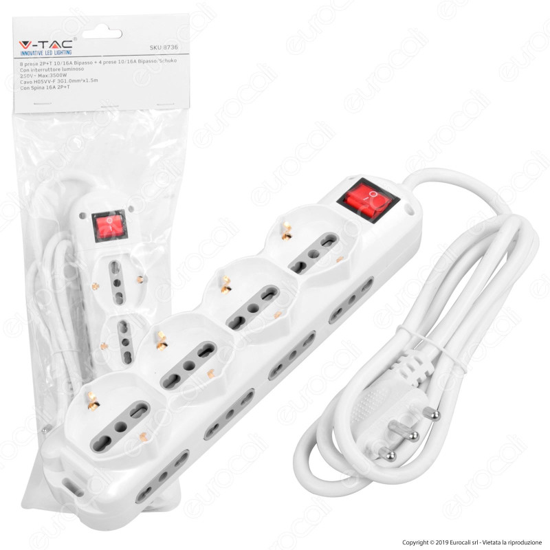 V-Tac Multipresa 12 Posti Salvaspazio Colore Bianco con Interruttore Luminoso - SKU 8736