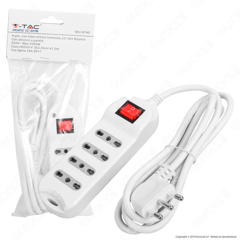 V-Tac Multipresa 4 Posti Colore Bianco con Interruttore Luminoso - SKU 8740