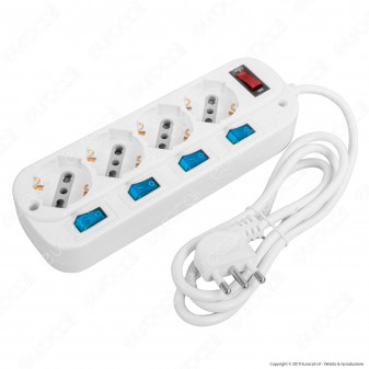 V-Tac Multipresa 4 Posti Colore Bianco con Interruttori Singoli e Generale e Protezione Ripristinabile - SKU 8711