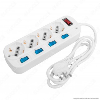 V-Tac Multipresa 4 Posti Colore Bianco con Interruttori Singoli e Generale e Protezione Ripristinabile - SKU 8711