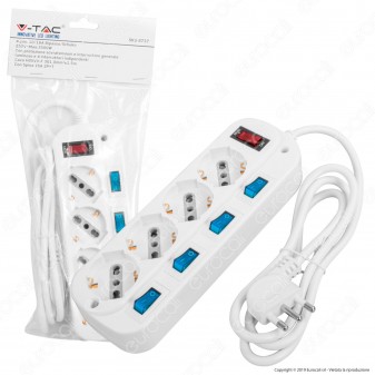 V-Tac Multipresa 4 Posti Colore Bianco con Interruttori Singoli e Generale e Protezione Ripristinabile - SKU 8711