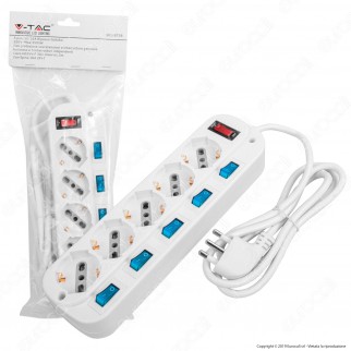 V-Tac Multipresa 5 Posti Colore Bianco con Interruttori Singoli e Generale e Protezione Ripristinabile - SKU 8738
