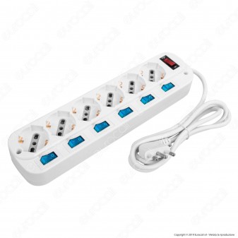 V-Tac Multipresa 6 Posti Colore Bianco con Interruttori Singoli e Generale e Protezione Ripristinabile - SKU 8739