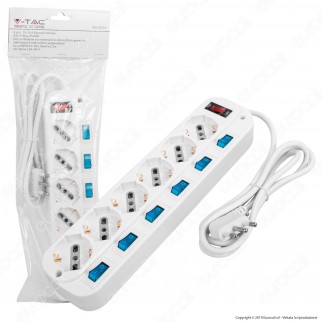 V-Tac Multipresa 6 Posti Colore Bianco con Interruttori Singoli e Generale e Protezione Ripristinabile - SKU 8739