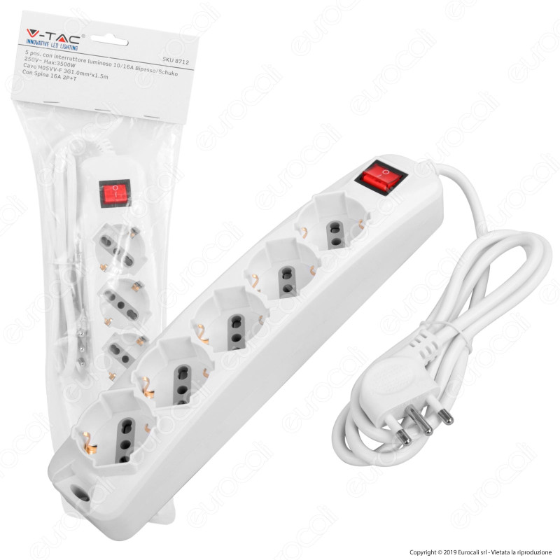 V-Tac Multipresa 5 Posti Colore Bianco con Interruttore Luminoso - SKU 8712