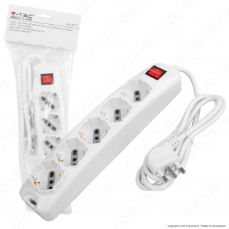 V-Tac Multipresa 5 Posti Colore Bianco con Interruttore Luminoso - SKU 8712