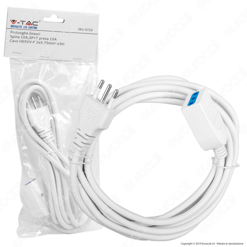 V-Tac Cavo Prolunga Spina e Presa Italiane 3 metri 10A Colore Bianco - SKU 8729