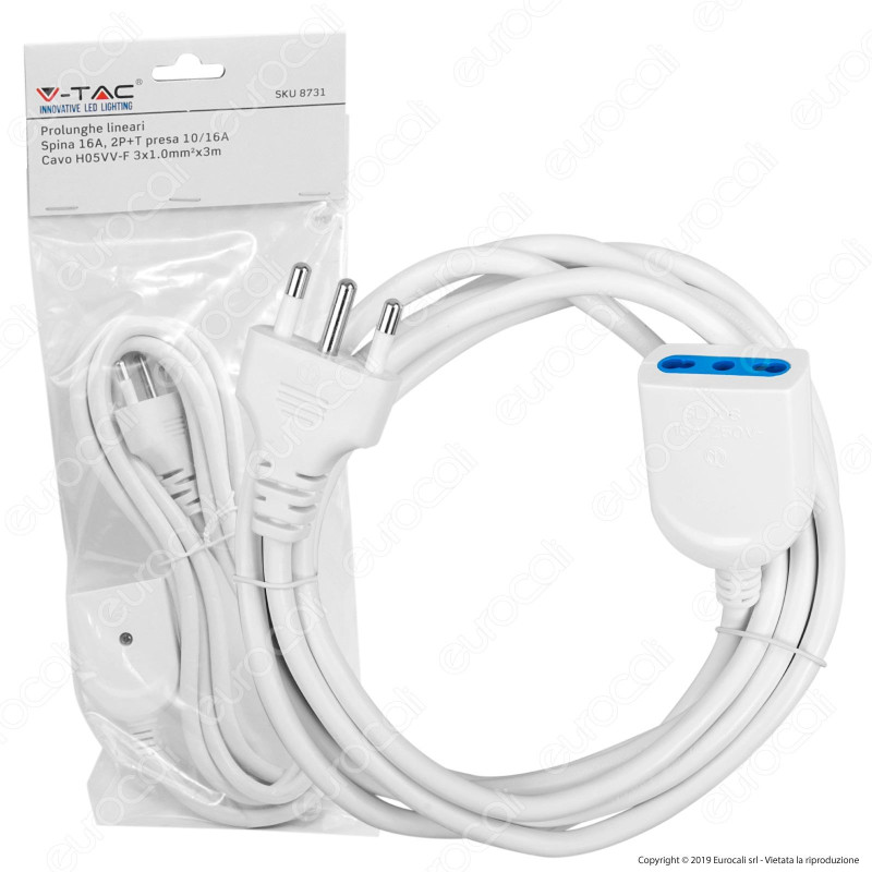 V-Tac Cavo Prolunga Spina e Presa Italiane 3 metri 16A Colore Bianco - SKU 8731