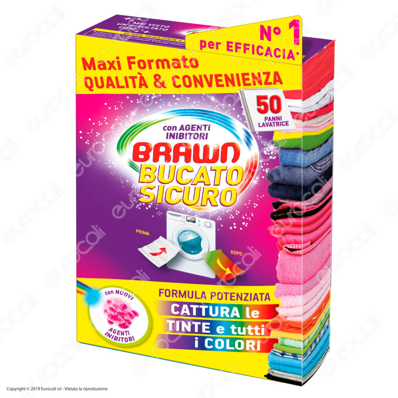 Brawn Bucato Sicuro con Agenti Inibitori - 50 panni lavatrice