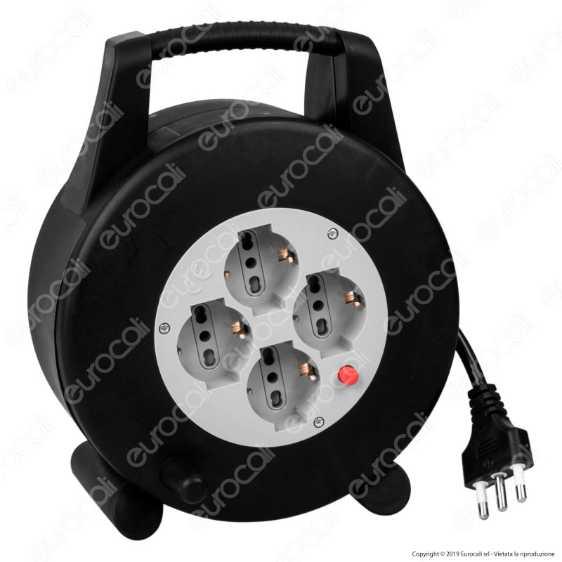 V-Tac Prolunga Avvolgicavo Spina 16A e 4 Prese 10/16A Bipasso/Schuko Colore Nero 10 metri - SKU 8701