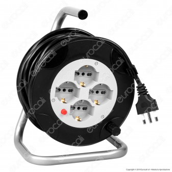 V-Tac Prolunga Avvolgicavo Spina 16A e 4 Prese 10/16A Bipasso/Schuko Colore Nero 15 metri - SKU 8702