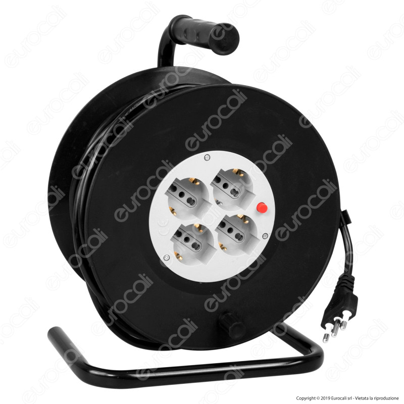 V-Tac Prolunga Avvolgicavo Spina 16A e 4 Prese 10/16A Bipasso/Schuko Colore Nero 25 metri - SKU 8703