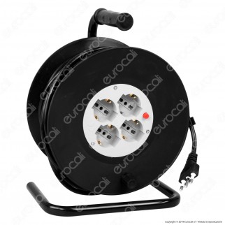 V-Tac Prolunga Avvolgicavo Spina 16A e 4 Prese 10/16A Bipasso/Schuko Colore Nero 25 metri - SKU 8703