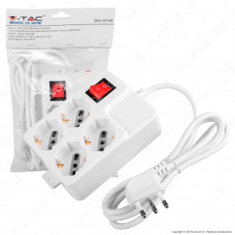 V-Tac Multipresa 4 Posti Colore Bianco con Interruttore Luminoso e Protezione Ripristinabile - SKU 8748