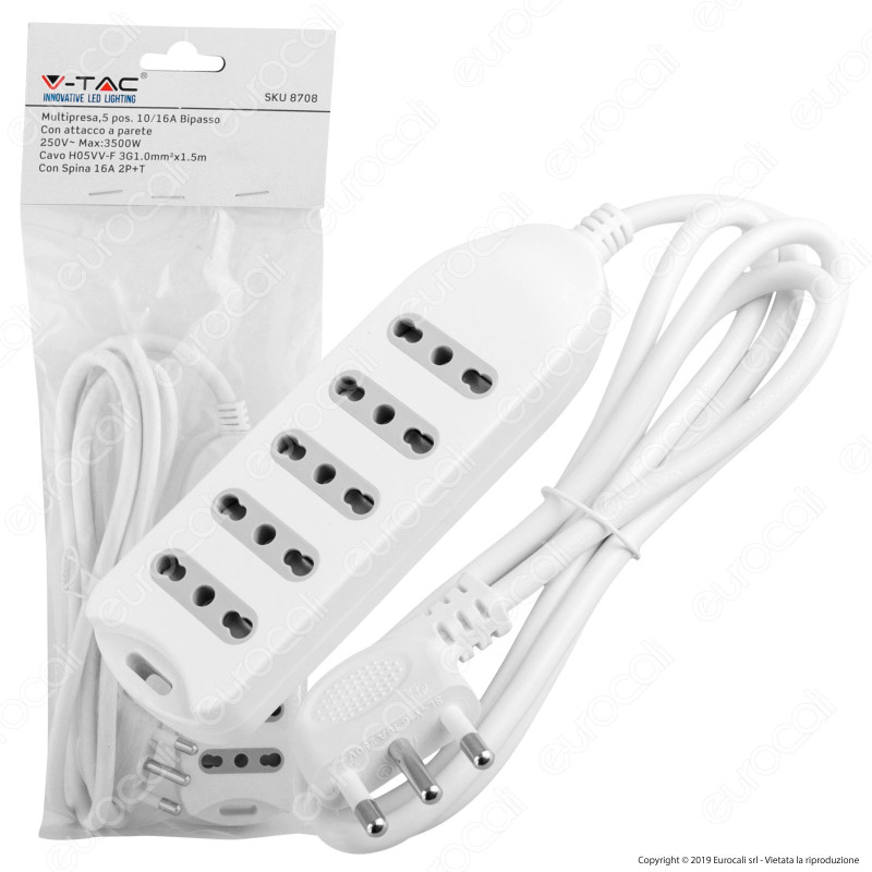 V-Tac Multipresa 5 Posti Colore Bianco con Attacco a Parete - SKU 8708