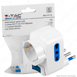 V-Tac Adattatore Triplo con Schuko Colore Bianco con Interruttore Luminoso - SKU 8716