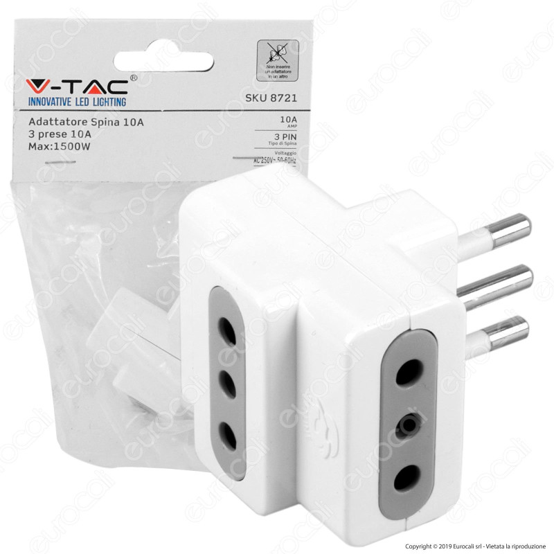 V-Tac Multipresa Adattatore Triplo con Prese 10A - SKU 8721