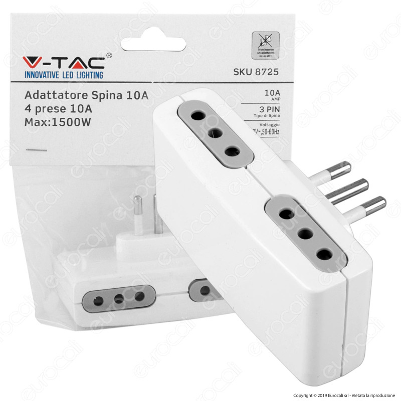 V-Tac Multipresa Adattatore Quadruplo con Prese 10A - SKU 8725