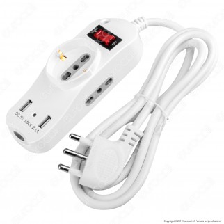V-Tac Multipresa 3 Posti e 2 Prese USB Colore Bianco con Interruttore Luminoso - SKU 8745