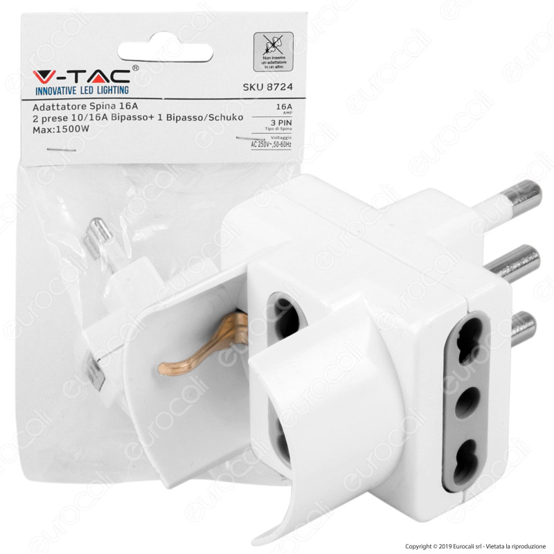V-Tac Multipresa Adattatore Triplo con Schuko Colore Bianco - SKU 8724