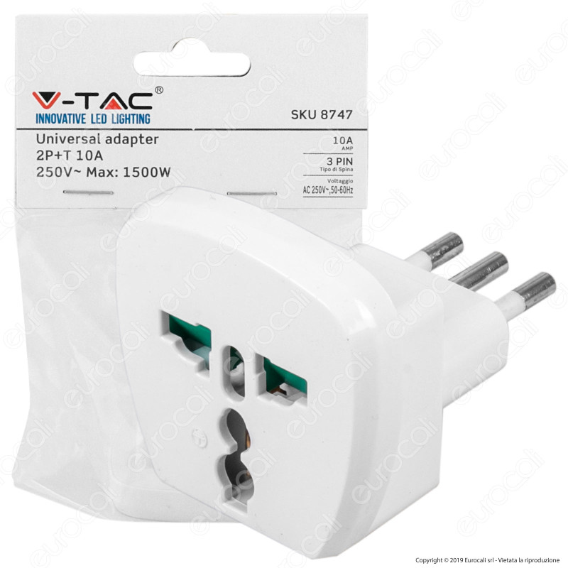 V-Tac Adattatore Singolo Universale Spina 10A Colore Bianco - SKU 8747
