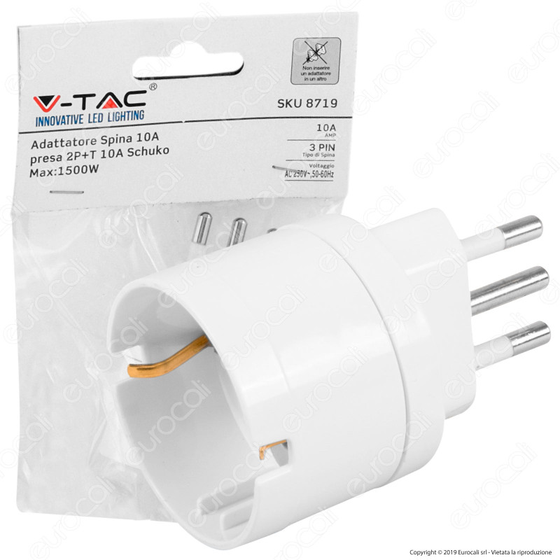 V-Tac Adattatore Singolo Schuko con Spina 10A Colore Bianco - SKU 8719