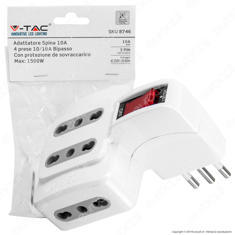 V-Tac Multipresa Adattatore Quadruplo Colore Bianco con Protezione Ripristinabile - SKU 8746