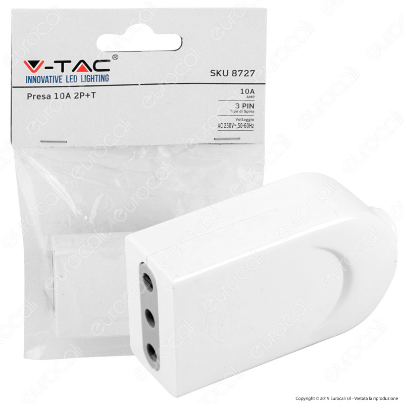 V-Tac Presa Singola 10A con Uscita Cavo Dritta Colore Bianco - SKU 8727