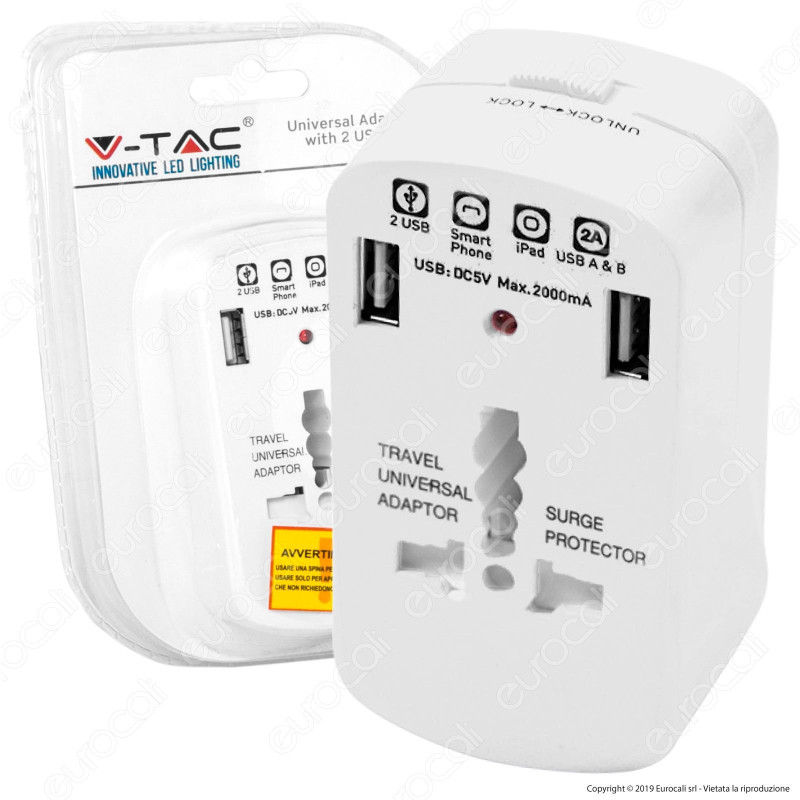 V-Tac Adattatore Singolo Universale con 2 Prese USB Colore Bianco - SKU 8704