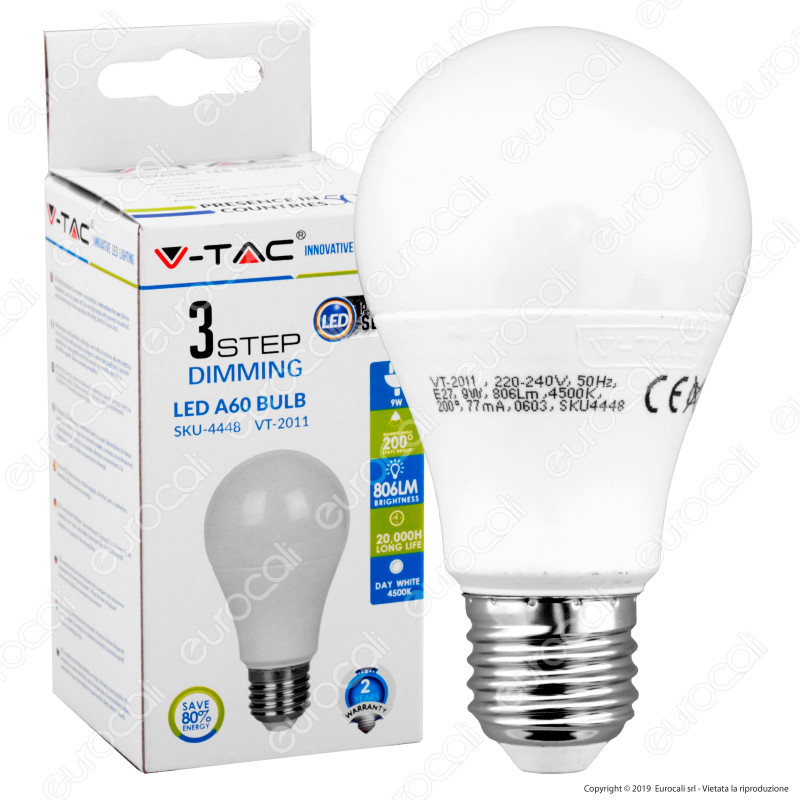 V-Tac VT-2011 Lampadina LED E27 9W Bulb A60 3 Step Dimmerabile - SKU
