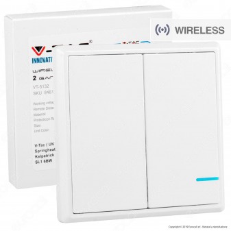 V-Tac VT-5132 Interruttore Wireless Two Gang Senza Fili con Luce LED IP54 - SKU 8461