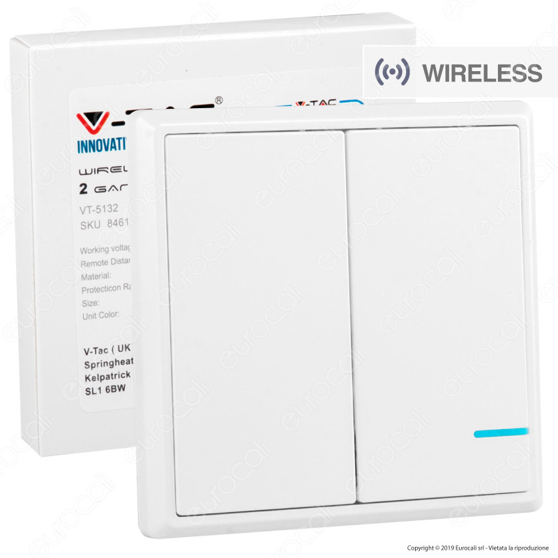 V-Tac VT-5132 Interruttore Wireless Two Gang Senza Fili con Luce LED IP54 - SKU 8461