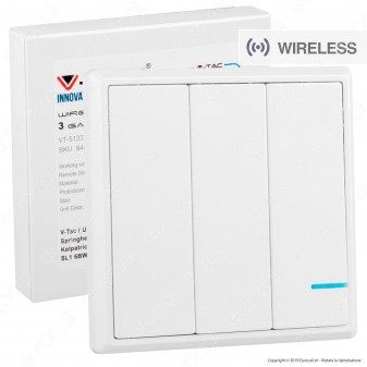 V-Tac VT-5133 Interruttore Wireless 3 Gang Senza Fili con Luce LED IP54 - SKU 8462