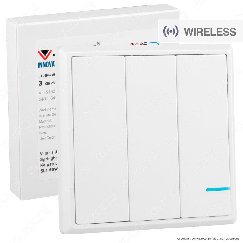 V-Tac VT-5133 Interruttore Wireless 3 Gang Senza Fili con Luce LED IP54 - SKU 8462