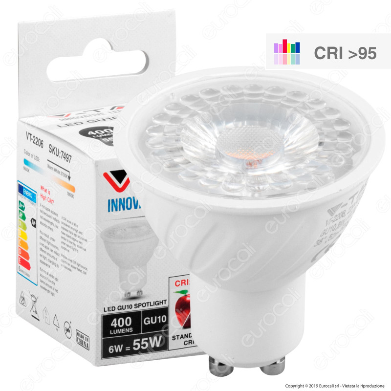V-Tac VT-2206 Lampadina LED GU10 6W Faretto Spotlight CRI ≥95 38° -