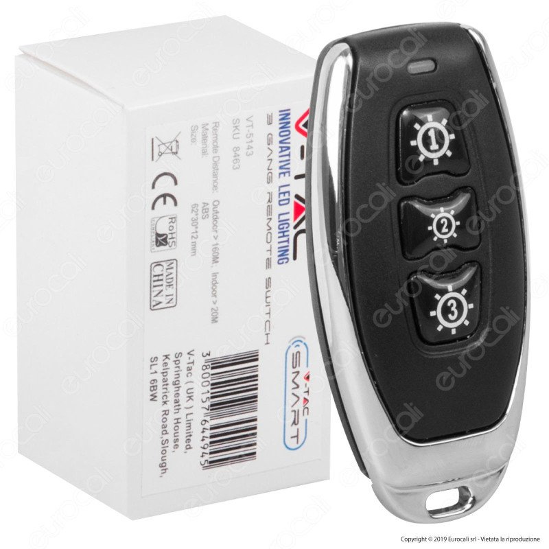 V-Tac VT-5143 Interruttore Wireless Tascabile 3 Gang Senza Fili con Luce LED IP54 - SKU 8463