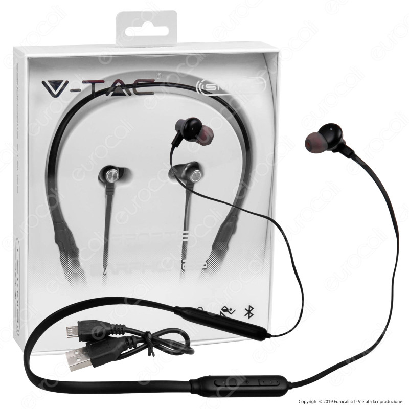 V-Tac VT-6166 Coppia di Auricolari Bluetooth Sports Earphones Colore Nero - SKU 7710