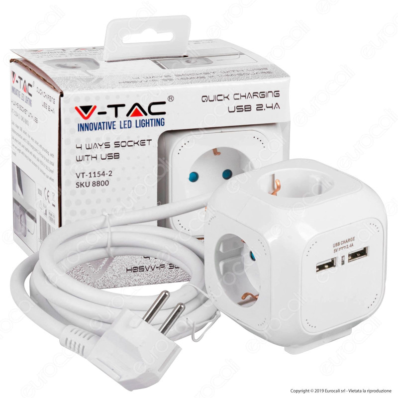 V-Tac Multipresa Salvaspazio 4 Posti e 2 Prese USB Colore Bianco - SKU 8800