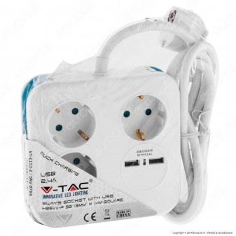 V-Tac Multipresa Salvaspazio 3 Posti e 2 Prese USB Colore Bianco - SKU 8799
