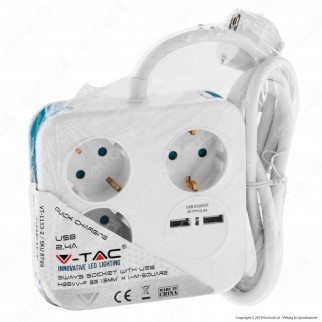 V-Tac Multipresa Salvaspazio 3 Posti e 2 Prese USB Colore Bianco - SKU 8799