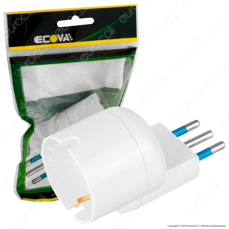 Ecova Adattatore Singolo Salvaspazio Schuko Colore Bianco Spina 10A Decentrata - mod. 30053