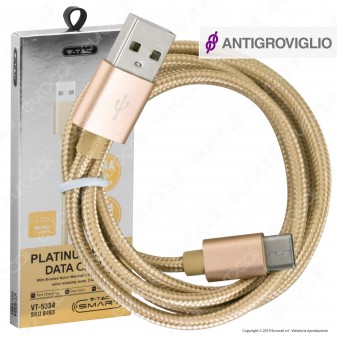 V-Tac VT-5334 Platinum Series USB Data Cable Type-C Cavo in Corda Colore Oro 1m - SKU 8493
